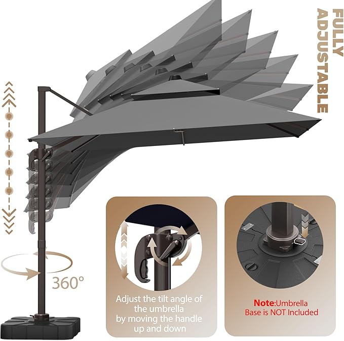 10x10Ft Patio Umbrella Outdoor Cantilever Rectangle Umbrella, 6-Level Tilt & 360° Rotation Offset Umbrella for Garden, Deck, Pool(Grey)