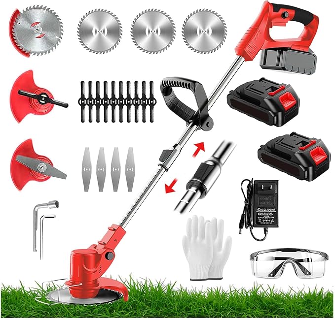 Electric Weed Wacker 21V Brush Cutters Battery Powered 3 in 1 Lightweight Weed Wacker Eater with Blade Adjustable Pole Cordless Grass Trimmer with 2 * 2.0Ah Batteries and Charger for Garden Yard Red