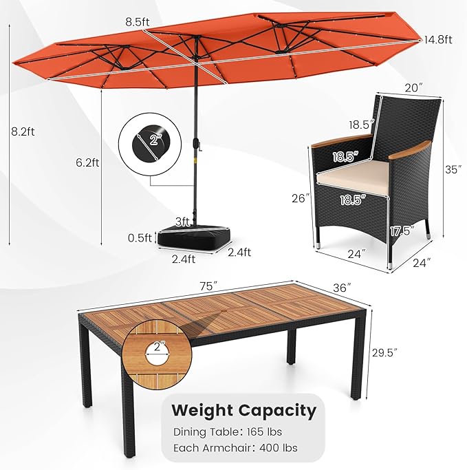 Tangkula 11 Pieces Patio Dining Set with Double-Sided Led Patio Umbrella (Base Included), with 8 Stackable Chairs, Acacia Wood Dining Table and Large Umbrella with Solar Lights (Orange + Off White)