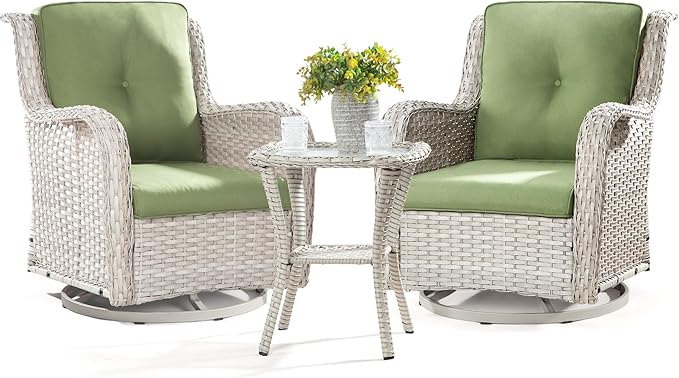 Joyside Outdoor Swivel Rocker Patio Chairs Set of 2 and Matching Side Table - 3 Piece Wicker Patio Bistro Set with Premium & Soft Fabric Cushions(Light Grey/Green)