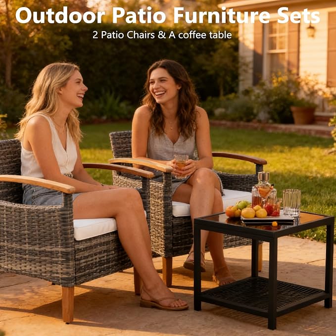 3 Pcs Outdoor Patio Conversation Set, Outdoor Patio Rattan Chair with Side Coffee Table, Outdoor Patio Furniture Sets for Yard Garden Backyard Lawn (Gray)