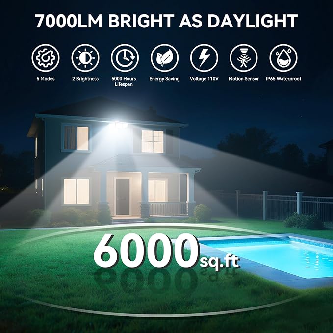 LED Security Lights Motion Sensor Outdoor Lights, 6500K Daylight, IP65 Waterproof, Dusk to Dawn, 3-Head Motion Detected Flood Light for Garage, Yard, Porch, White, 2 Pack