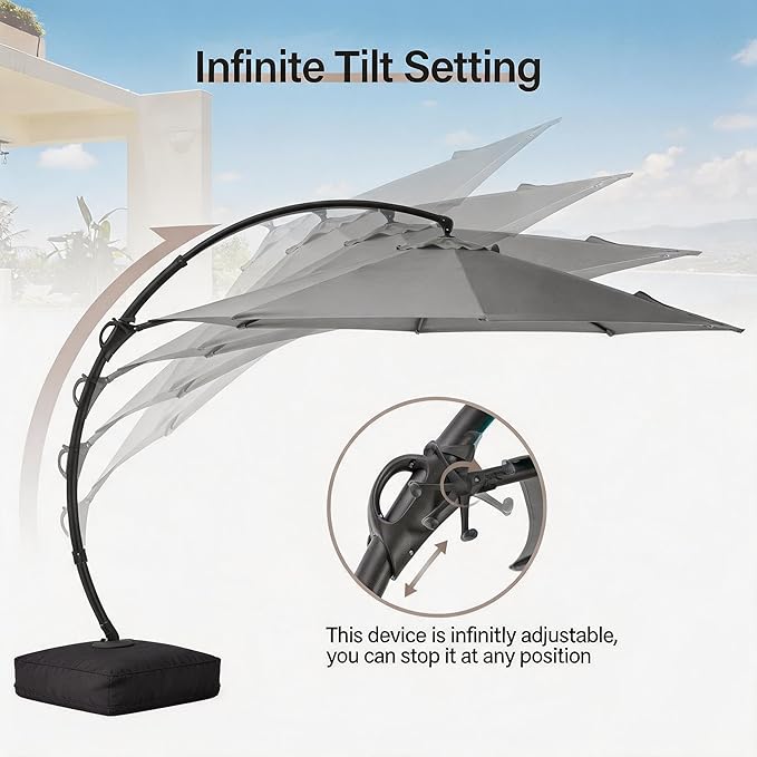 LAUSAINT HOME 11ft Patio Cantilever Umbrella with Base Included, Outdoor Curvy Round Offset Umbrella, Heavy Duty Aluminum, 360° Rotation for Pool, Deck, Lawn, Backyard (Grey)