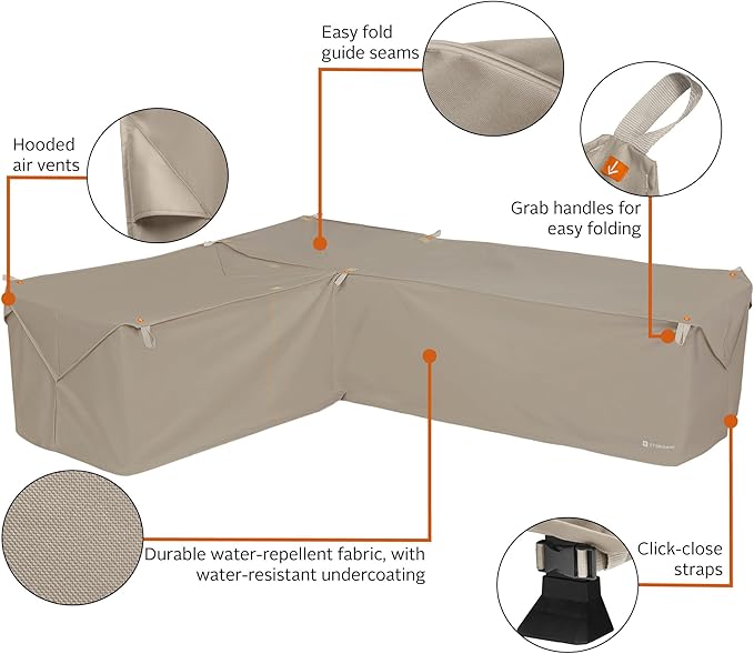 Classic Accessories Storigami Water-Resistant 104 Inch Easy Fold Patio Left-Facing Sectional Lounge Set Cover, Goat Tan, Patio Furniture Covers