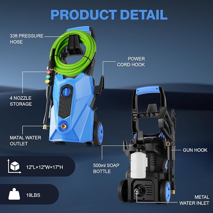 2026 New 5000PSI Electric Pressure Washer, Power Washer with 33FT Resistant Hose and 4 Nozzles, Compatible with Undercarriage washers, Professional Powerwashers for Home/Car(Light Blue)