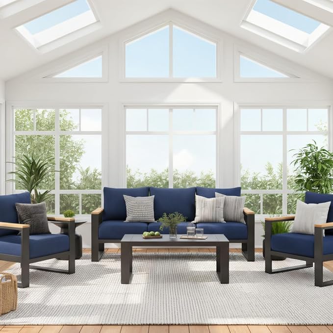 Sundale Outdoor Aluminum Patio Furniture Set, 4 Piece Outdoor Conversation Sets with Coffee Table and Washable Thick Cushions, All Weather Outdoor Sectional Set for Deck, Lawn, Yard (Navy Blue)