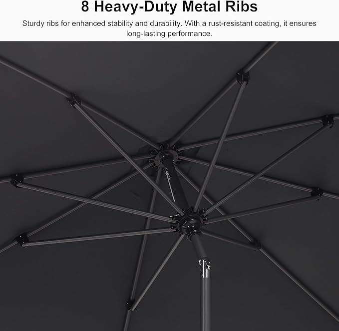 PURPLE LEAF 10' Round Patio Market Umbrella with Base Outdoor Table Umbrellas Aluminum Frame Sun Shade with 8 Sturdy Ribs Tilt for Garden Deck Lawn Pool Gray