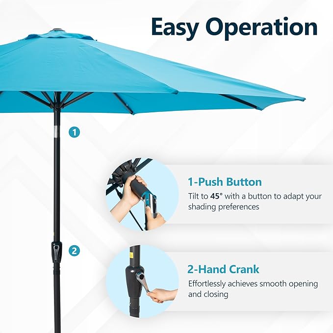Kiss the Water Outdoor Patio Umbrella, Patio Umbrella with Push Button Tilt/Crank, Outdoor Umbrella with 8 Sturdy Ribs, Large Umbrella for Backyard, Pool, Deck, Market