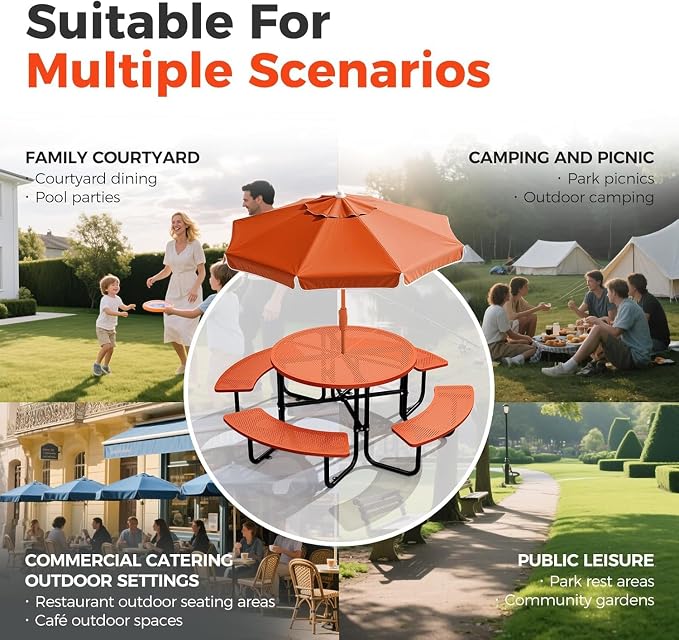 46" Coated Round Metal Picnic Table for 4-8 Person, Durable Heavy Duty Commercial Picnic Table with Umbrella Hole for Outdoor Coffee Shop, School, Easy to Install, Orange