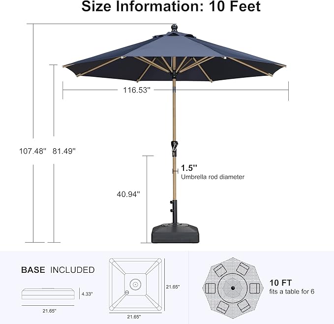 PURPLE LEAF 10 Feet Patio Umbrella with Base Outdoor Umbrella Round Market Umbrella for Table with Push Button Tilt & Crank and 8 Ribs Aluminum Pool Umbrella for Beach Patio, Navy Blue