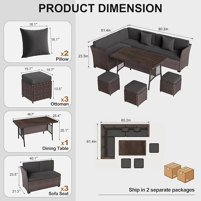 LOUVIXA 7 Pieces Patio Furniture Set, Outdoor Patio Furniture, Wicker Conversation Set with Dining Table, Chairs and Ottoman (6237 Grey-Brown)