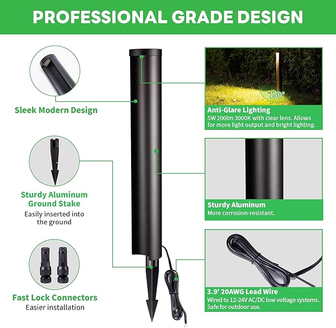 LED Pathway Lights Wired, 12V Landscape Path Lights, Low Voltage Outdoor Waterproof, 5W 200LM Black Aluminum for Lawn Garden 8 Pack