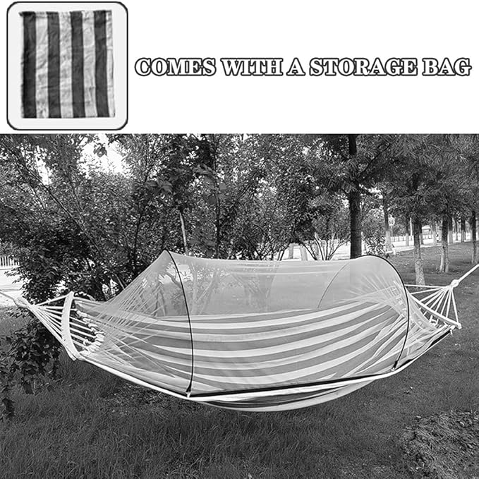 Outdoor Double Hammock with Protective Mesh, Camping Thick Canvas Hanging Bed, Storage Bag/tie Rope, Load Bearing 300kg/661.4lbs(Blue Stripes)