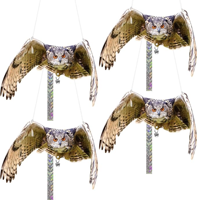 Owls to Keep Birds Away: 4Pack Fake Owls with Reflective Tape for Garden Patio, Reflective Hanging Decoration to Keep Birds Pigeon from Windows Tree