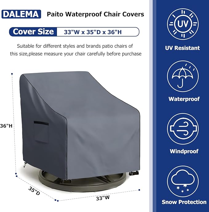 Outdoor Swivel Chair Cover 2 Pack,600D Heavy Duty 100% Waterproof Outdoor Chair Covers,Patio Furniture Covers for Swivel Patio Chairs,33" W x 35" D x 36" H,Grey