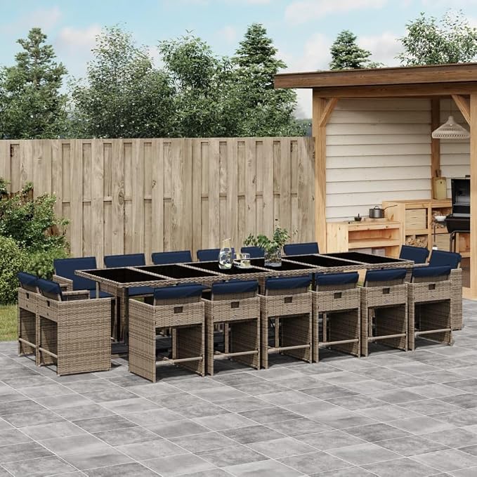 17 Piece Garden Dining Set with Cushions Grey Poly Rattan Outdoor Patio Furniture Set for Backyard, Tempered Glass Table, 16 Folding Chairs, Removable Washable Covers, UV Resistant, 110 kg Capacity