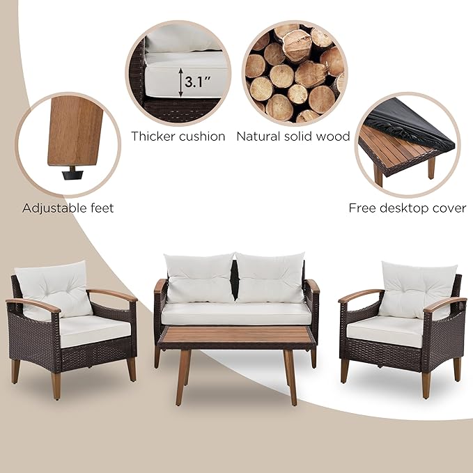 LUMISOL 4 Piece Patio Conversation Set Rattan Chair Set Outdoor Furniture Set with Cushions and Coffee Table for Backyard Porch Poolside, 4-Piece Wicker Patio Furniture Set (Beige)