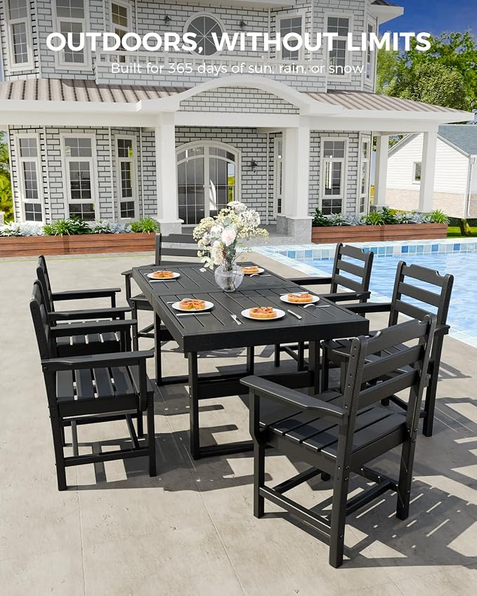 K Knowbody 7-Piece Outdoor Patio Dining Table and Chairs Set, Seats 6 | Steel-Reinforced HDPE, 100 lb/sq ft Load Capacity, 2-Inch Umbrella-Ready Tables, All-Weather, Fade-Resistant, Charcoal Black