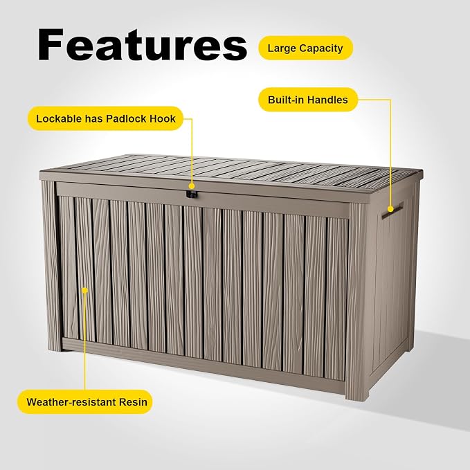 230 Gallon Outdoor Deck Box, Resin Waterproof Storage Box With Lockable Lid, UV-Resistant Multi-Purpose Outdoor Storage Bench for Patio Cushions, Garden Tools, Pool Accessories (Grey)