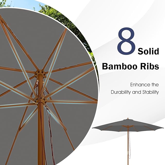Giantex 10FT Patio Umbrella, Outdoor Table Market Umbrella with 8 Bamboo Ribs, Pulley Lift and Ventilation Hole, Outdoor Sunshade Umbrella for Poolside Backyard Beach