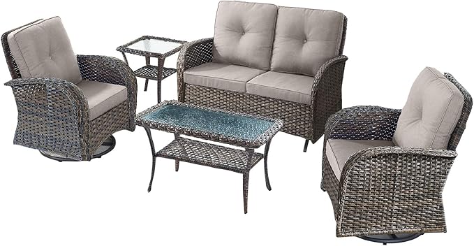 5 Pieces Patio Furniture Set-Outdoor Rocking Chairs Set of 2 Outdoor Glider Bench with Wicker Outdoor Coffee Table for Deck Lawn Porch Balcony Poolside-Brown/Beige
