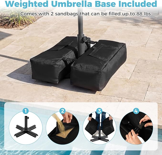 Tangkula 10 FT Solar Patio Umbrella with Base Included, 2-Tiers Outdoor Scalloped Table Umbrella with 32 LED Lights, 2 Sandbags, Tilt Adjustment, Crank, 8 Ribs for Market Backyard Pool Deck Beach Lawn (Turquoise, 10 FT)