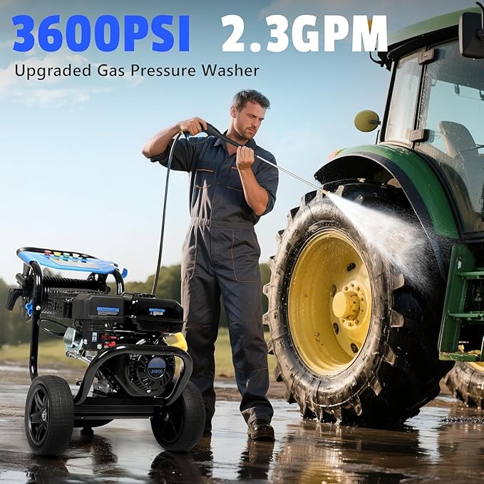 3600PSI Gas Powered Pressure Washer, 212CC/2.3GPM/7HP/4-Stroke Portable Gas Power Washer with 5 Quick Connect Nozzles, 30FT Hose with Reel, Soap Tank, Gas Pressure Washer for Car Driveway Paint Prep