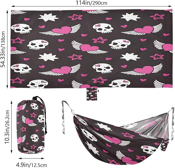 Skull Pink Heart Wings Star Camping Hammock, Portable Lightweight Single Hammock with Tree Straps and Aluminum Carabiners, 114" x 54" Travel Hammock for Hiking Backpacking Beach