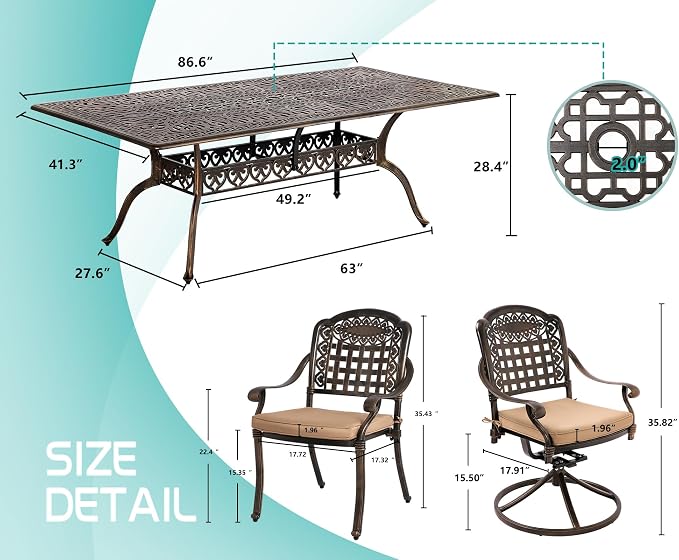 TITIMO 9-Piece Cast Aluminum Patio Furniture Set, Outdoor Dining Set Bistro Conversation Set, Rectangular Dining Table Set w/Cushions Umbrella Hole (Khaki-Fixed Grid Chair+Swivel Grid Chair, 9 Pcs)