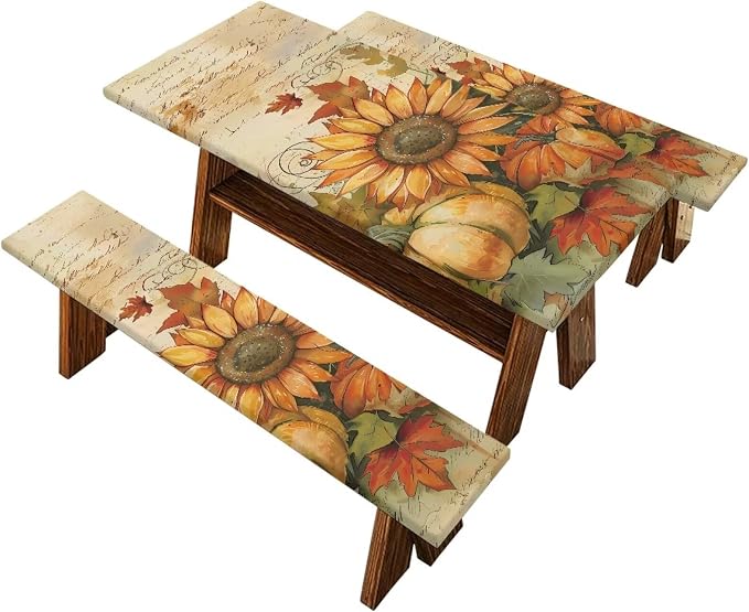 Sunflower 3 Pcs Picnic Table Cover with Bench Covers 3 Piece Set 30 x 94 Inch Picnic Foldable Picnic Table and Bench Fitted Tablecloth Cover for Outdoor BBQ Holiday Party Camping