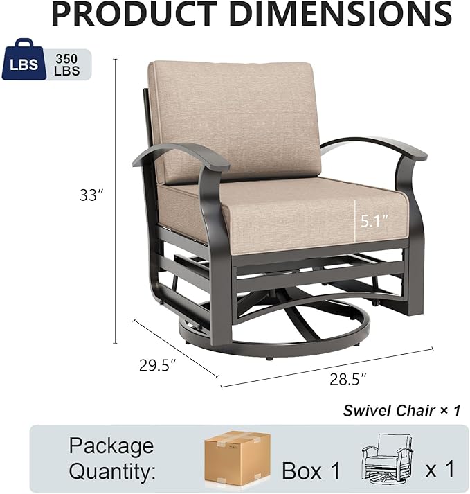 Gotland Outdoor Furniture, Metal Outdoor Swivel Chair with 5.1’’ High-Resilience Seat Cushions 6.2’’ Thick Back Pillow 29.5’’ Deep Seat Removable Cushions, Patio Furniture for Lawn, Porch, Khaki