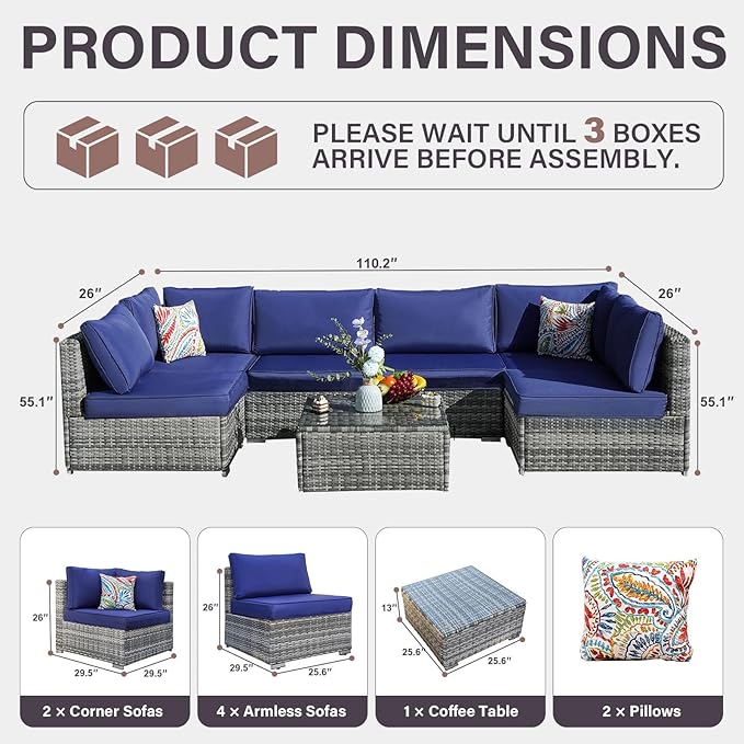 7-Piece Outdoor Patio Furniture Set – Handwoven All-Weather Rattan & 4” Thick Waterproof Cushions, Wicker Outdoor Conversation Sets with Coffee Table for Deck, Backyard, Garden, Blue/Grey