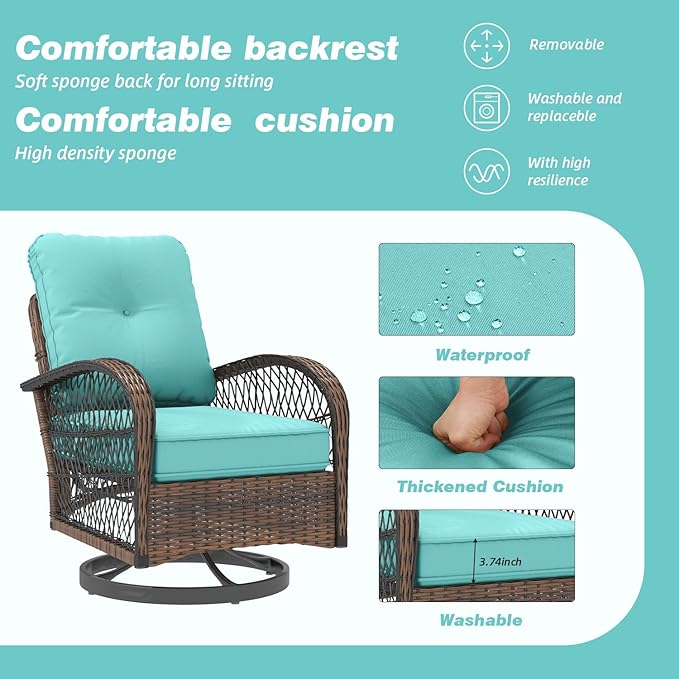 EROMMY 3 Pieces Patio Furniture Set, Outdoor Swivel Rocker Patio Chairs, Wicker Patio Bistro Set with Rocking Chair, Thickened Cushions and Glass Coffee Table for Backyard, Garden, Blue