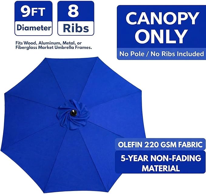 Sfmora OLEFIN 5-Year Non Fading 9ft 8Ribs Patio Umbrella Replacement Canopy, Outdoor Umbrella Canopy, Umbrella Top ONLY (Color)