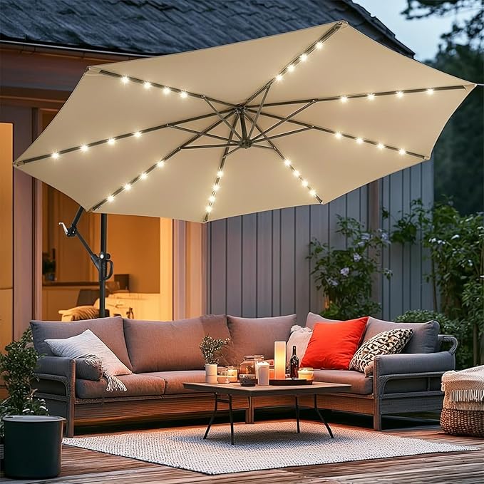 wikiwiki 10ft Solar LED Offset Patio Umbrella, Outdoor Cantilever Patio Umbrellas with Solor Lights for Backyard, Poolside and Garden, Easy Tilt Adjustment, 32 LED Lights & Polyester Shade, Tan
