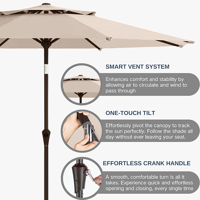 9FT Patio Umbrella 2-Tier Outdoor Market Table Umbrella with Push-Button Tilt & Crank | UPF 50+ & Waterproof for Backyard,Garden,Pool,Deck(Beige)