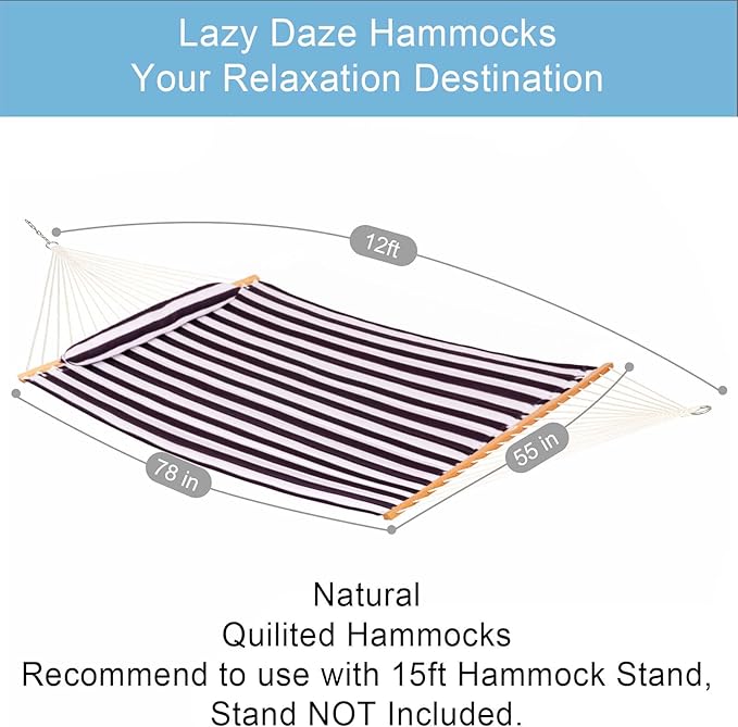 Lazy Daze 12 FT Quilted Double Hammock with Spreader Bar, 2-Person, 450 lbs Capacity, Brown White