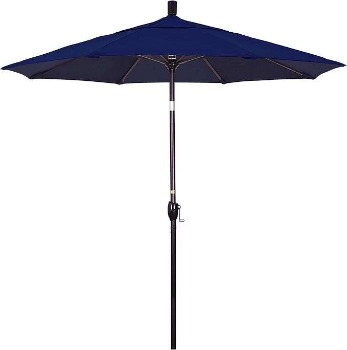 California Umbrella 7.5' Round Aluminum Market Umbrella, Crank Lift, Push Button Tilt, Bronze Pole, Navy