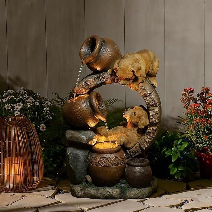 Sunlinua 29" H Dog Outdoor Water Fountain, Decorative Resin Water Fountain with LED Lights, Garden Puppy Waterfall Fountains Indoor and Outdoor for Patio, Porch, Courtyard, Home Decor