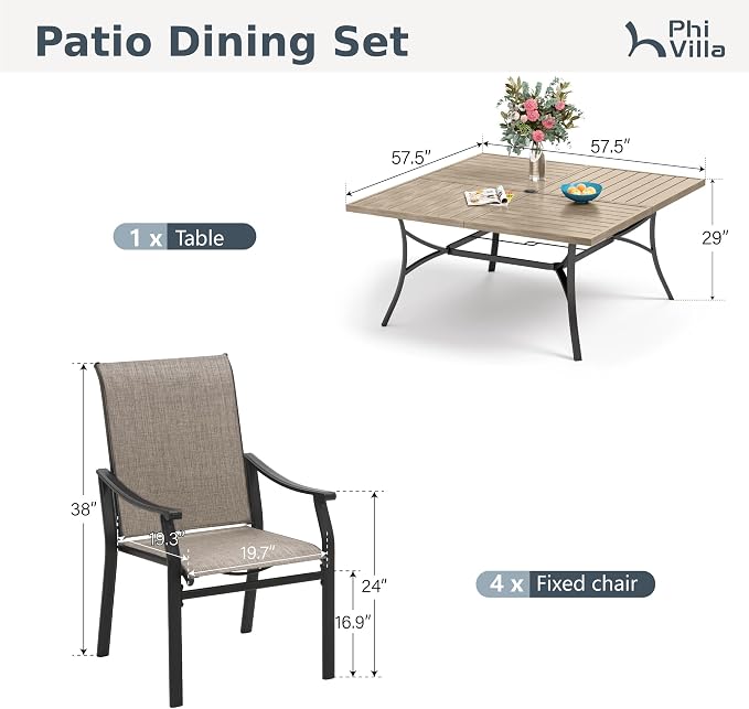 PHI VILLA 9 pcs Patio Dining Set,Heavy Duty Extra Large Square Metal Table with 1.9" Umbrella Hole, Wooden Like Table Top, 8 Textilene Dining Chairs, Breathable and Waterproof for Garden,Lawn
