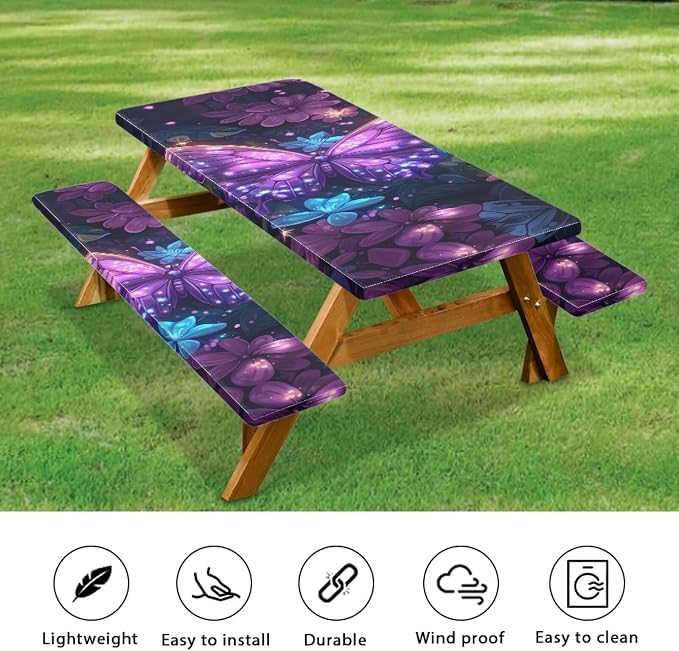 Butterfly Picnic Table Cover with Bench Covers Camping Essentials Outdoor Table and Chairs Decorative Sets Flexible Picnic Table 3 Piece Set Suitable for BBQ Picnic Party Camping