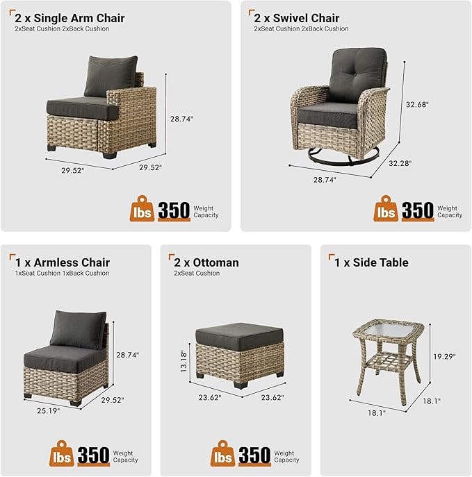 ovios 8 Piece Patio Sectional Furniture with Swivel Rocking Chairs, Rattan Wicker Coversation Couch Set, Outdoor Sofa Set for Outside Porch Balcony Backyard Pool, Black