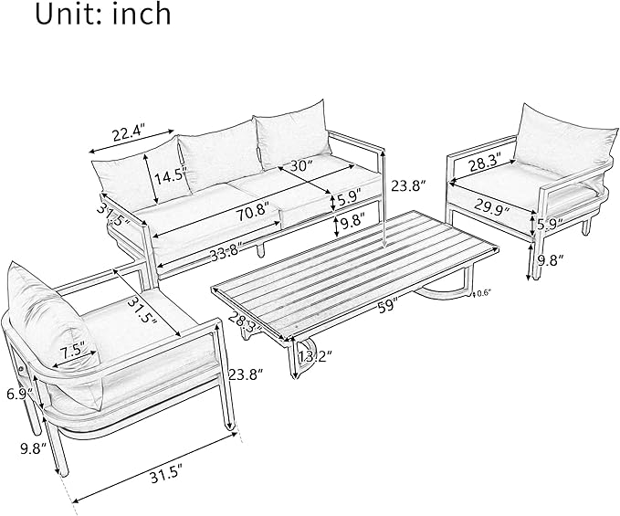 4-Piece Outdoor Steel Sofa Set, All Weather Patio Conversation Set with 1 Love Sofa, 2 Single Sofas, Coffee Table, Waterproof Cushions, Suitable for Backyard, Poolside Gardens (Beige-Z)