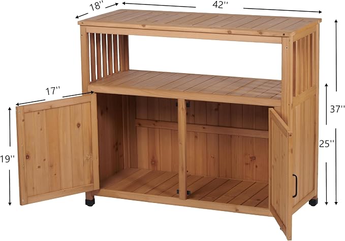 Wooden Outdoor Bar Table with Storage - Weatherproof Patio Cabinet for Deck/Backyard, Multi-Purpose Buffet Sideboard