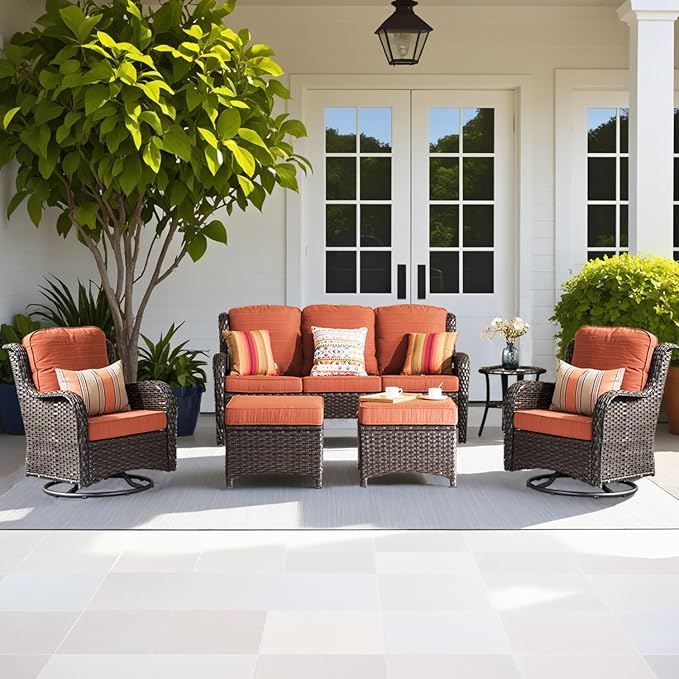 ovios 6-Pieces Patio Furniture Set with Swivel Chairs, Outdoor Wicker Sofa Couch Gliders Rocker Comfy Cushions, High Back Modern Conversation Set, Brown Rattan, Orange Red