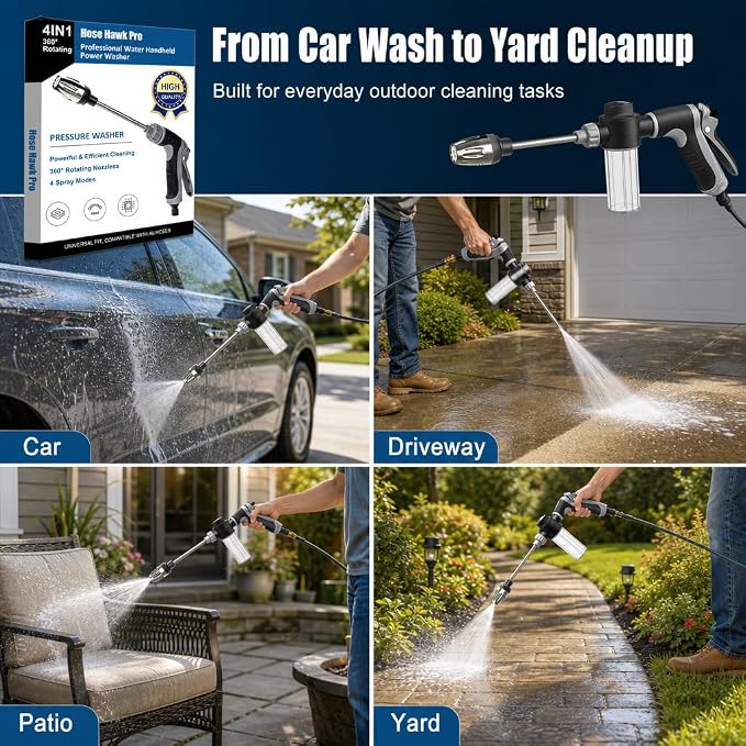 Hose Hawk Pro Pressure Washer Gun Professional Water Handheld Power Washer Gun with 360° Rotating Nozzless, 4 Spray Modes Multi Function for Cleaning Yard Car Driveways (Grey+15m Water Pipe)