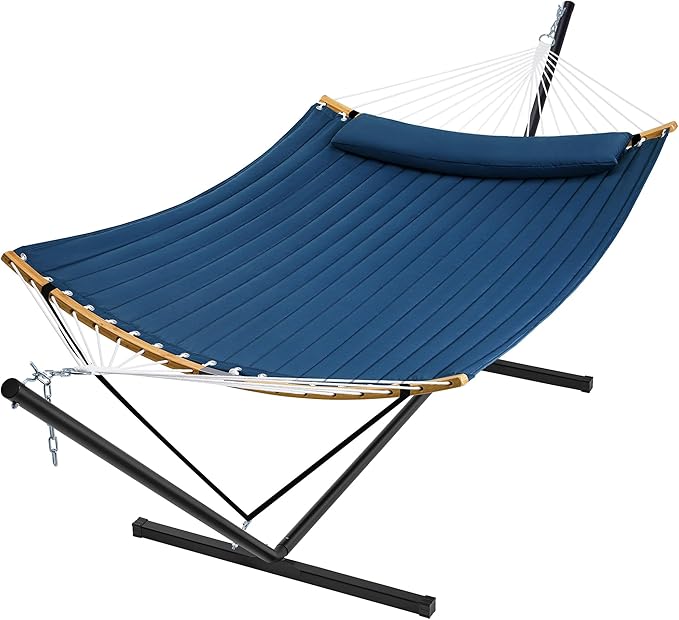 SUPERJARE Curved-Bar Hammock with Stand, 2 Person Heavy Duty Hammock Frame, Detachable Pillow & Portable Carrying Bag, Perfect for Outdoor & Indoor, Navy Blue