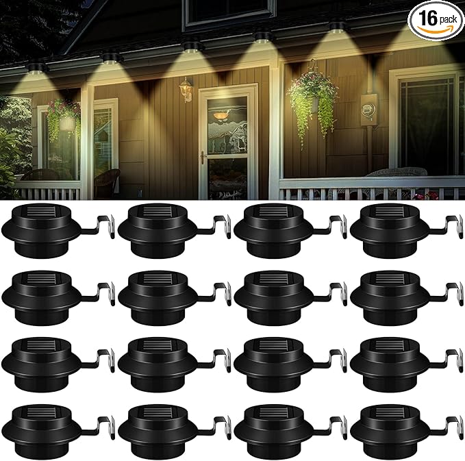 16 Pcs Solar Powered LED Gutter Lights 3 LED Deck Gutter Solar Lights Outdoor Waterproof LED Garden Yard Wall Lamp with Bracket for Fence Wall Stair Step Pathway, White Light and Warm Light (Black)
