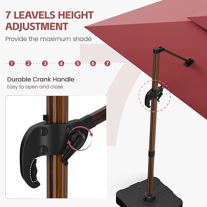 GENTEACO 10x13FT Wood Pattern Cantilever Patio Umbrella, Double Top Rectangle Offset Umbrella 7 Angle Tilts & 360° Rotation, Large Heavy Duty Outdoor Sun Umbrella for Pool Market, Red