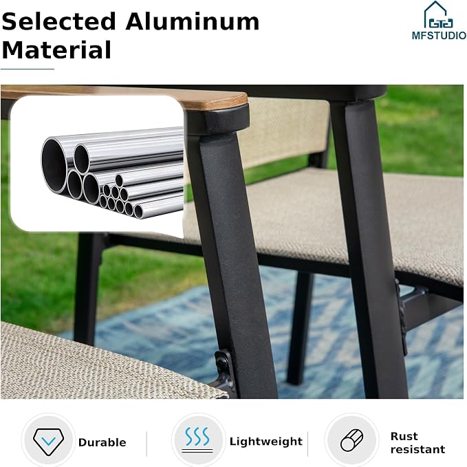 MFSTUDIO 7 PCS Patio Dining Set, 54" Round Table & Aluminum Chairs, Beige | Stackbale chairs, Light-weight & space-saving, Square Table, Umbrella Hole, Patio deck, 6 person